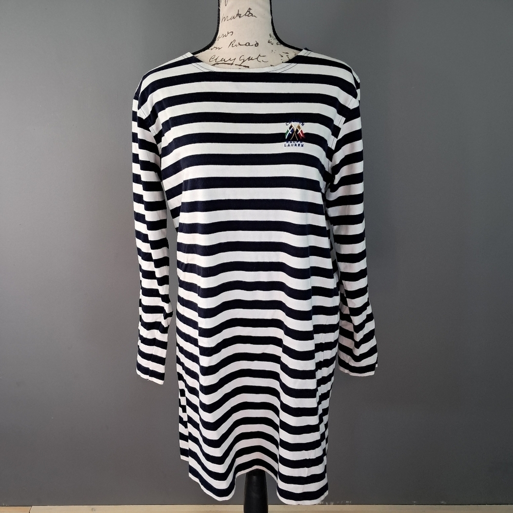 Lauren Ralph Lauren Stripe Dress Navy White Stretch Long Sleeve Size Medium